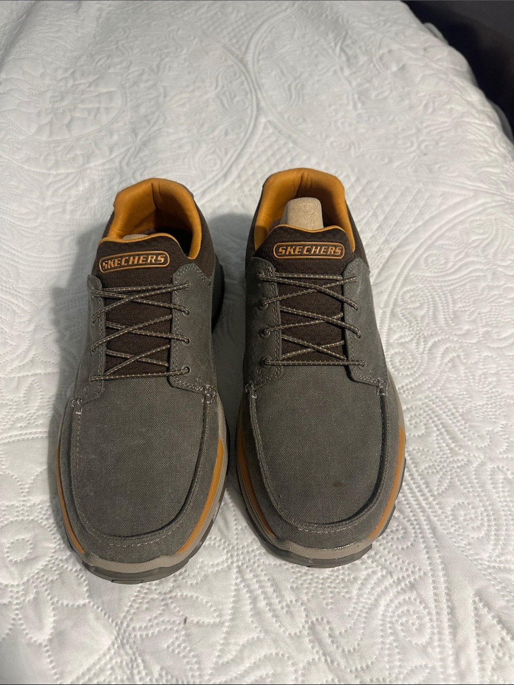 Skechers Men’s Gray Canvas Sneakers with Tan Accents